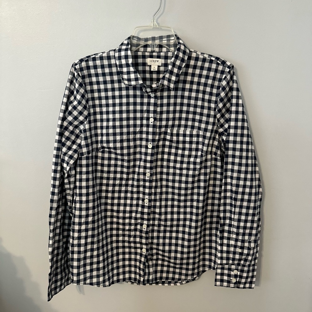 J Crew Navy & White Gingham Button Down Shirt, Size Large